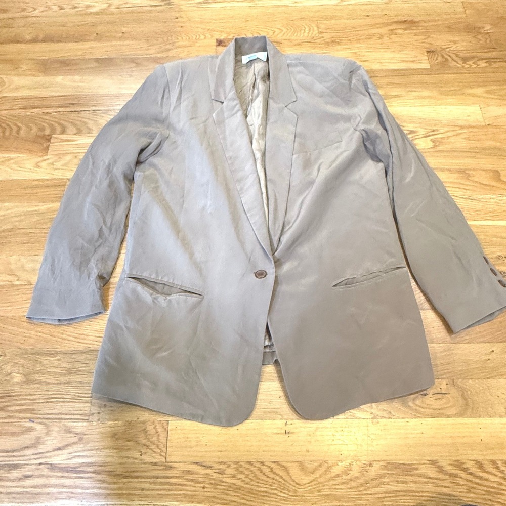 Spenser Jeremy Vintage 100% Silk Blazer Taupe Brown Single Button Oversized 12